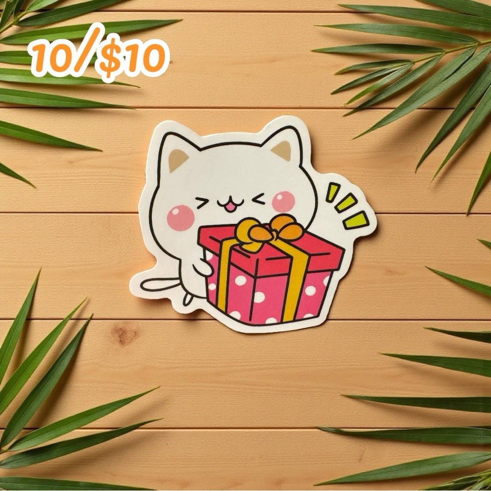 KAWAII CAT with Gift Sticker – Cute White Kitty & Present | 2.25” | 10 for $10